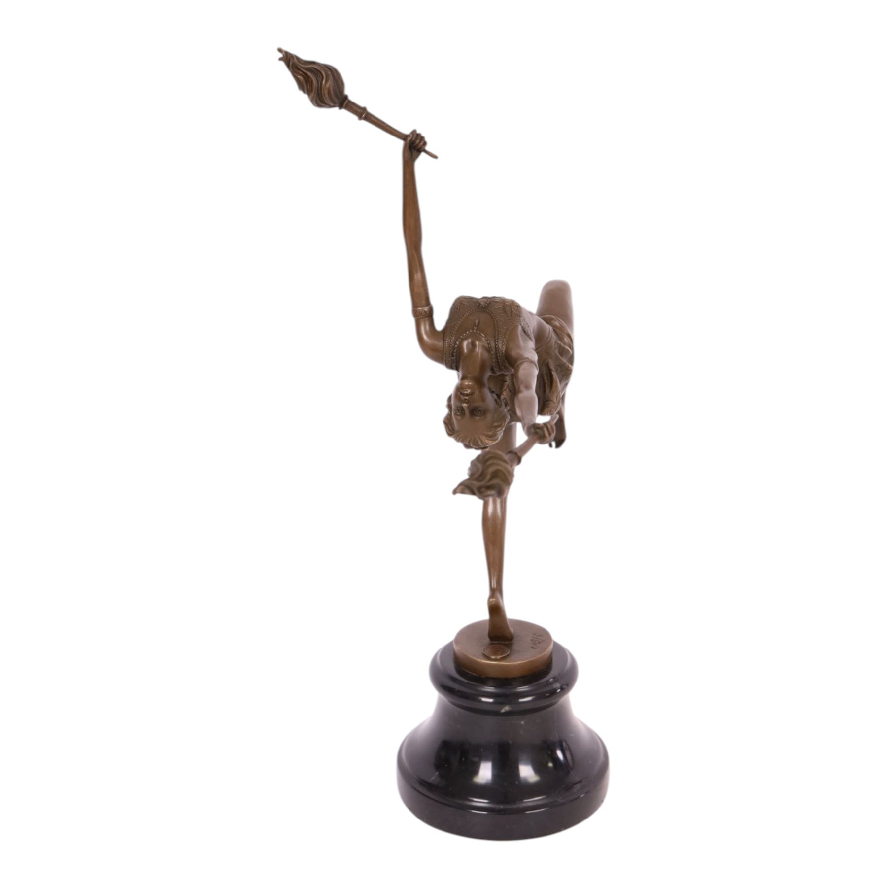 Art deco style bronze figure of a female dancing with flame torches, raised upon marble base, signed Nick, H43cm 