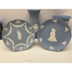 Wedgwood pale blue Jasperware, to include a pair of tulip vases, large vase with fluted rim, trinket dishes, trinket box etc, together with Wedgwood miniature hanging decoration in the form of a tea set 