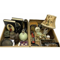 Cased coinage of Great Britain & Northern Ireland 1970 coin set, other coins, table lighters, Corinthian column gilt table lamp, barometer, carved African head, other misc etc