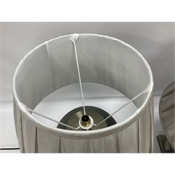 Pair of table lamps of squat baluster form, with a crackle glaze to a dark grey ground, upon a square base, including shade H57cm