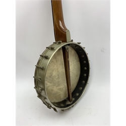 J E Brewster London Universal Favourite fretless banjo with inlaid fingerboard, impressed maker's marks and serial no.769, L90cm