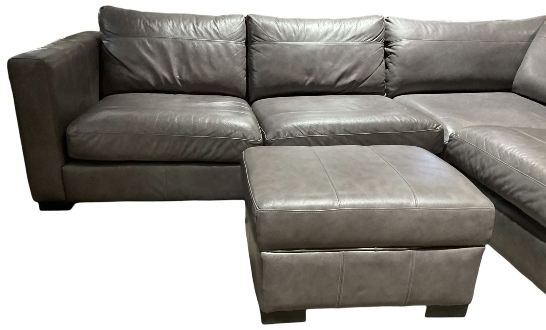 Sofa Workshop - five-seat corner sofa; matching footstool; upholstered in Italian grey leather 