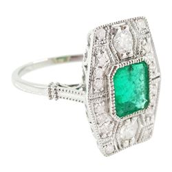 Platinum emerald and diamond dress ring, milgrain set with a single octagonal cut emerald of 1.26 carat, surrounded by round brilliant cut diamonds in an pierced design setting, stamped PT 950, total diamond weight 0.47 carat