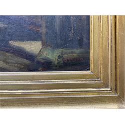 Alfred Dixon (British 1842-1919): 'Lady Jane' - Lady with Fan at the Foot of a Staircase, oil on canvas signed, titled on label verso 42cm x 30cm