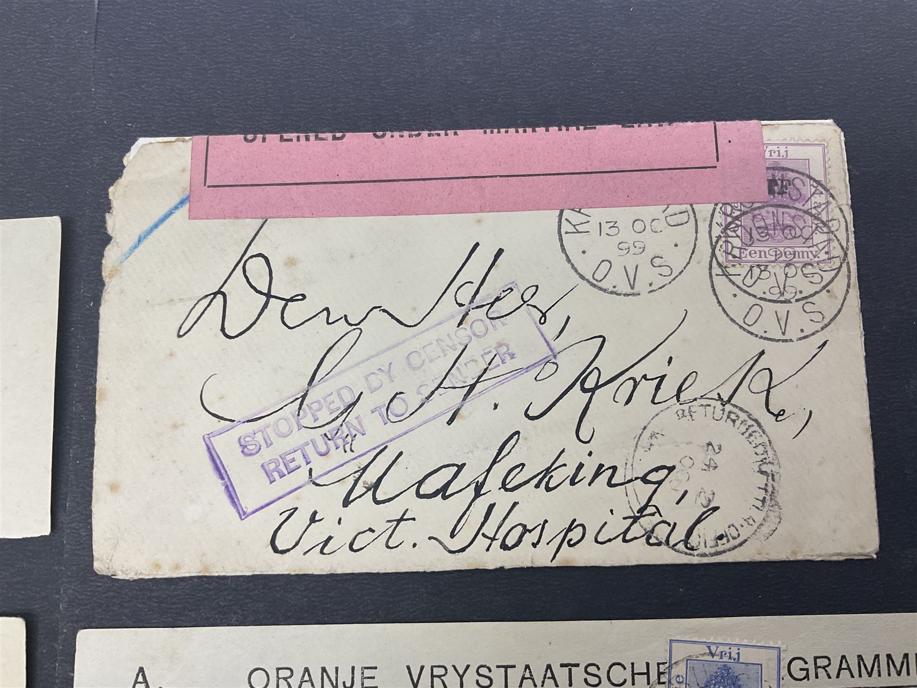 South Africa, Orange Free State, partial cover with one penny stamp cancelled with various postmarks 'Stopped By Censor Return To Sender' purple rectangular stamp and 'V R Opened Under Martial Law' pink slip and three telegrams with various stamp values