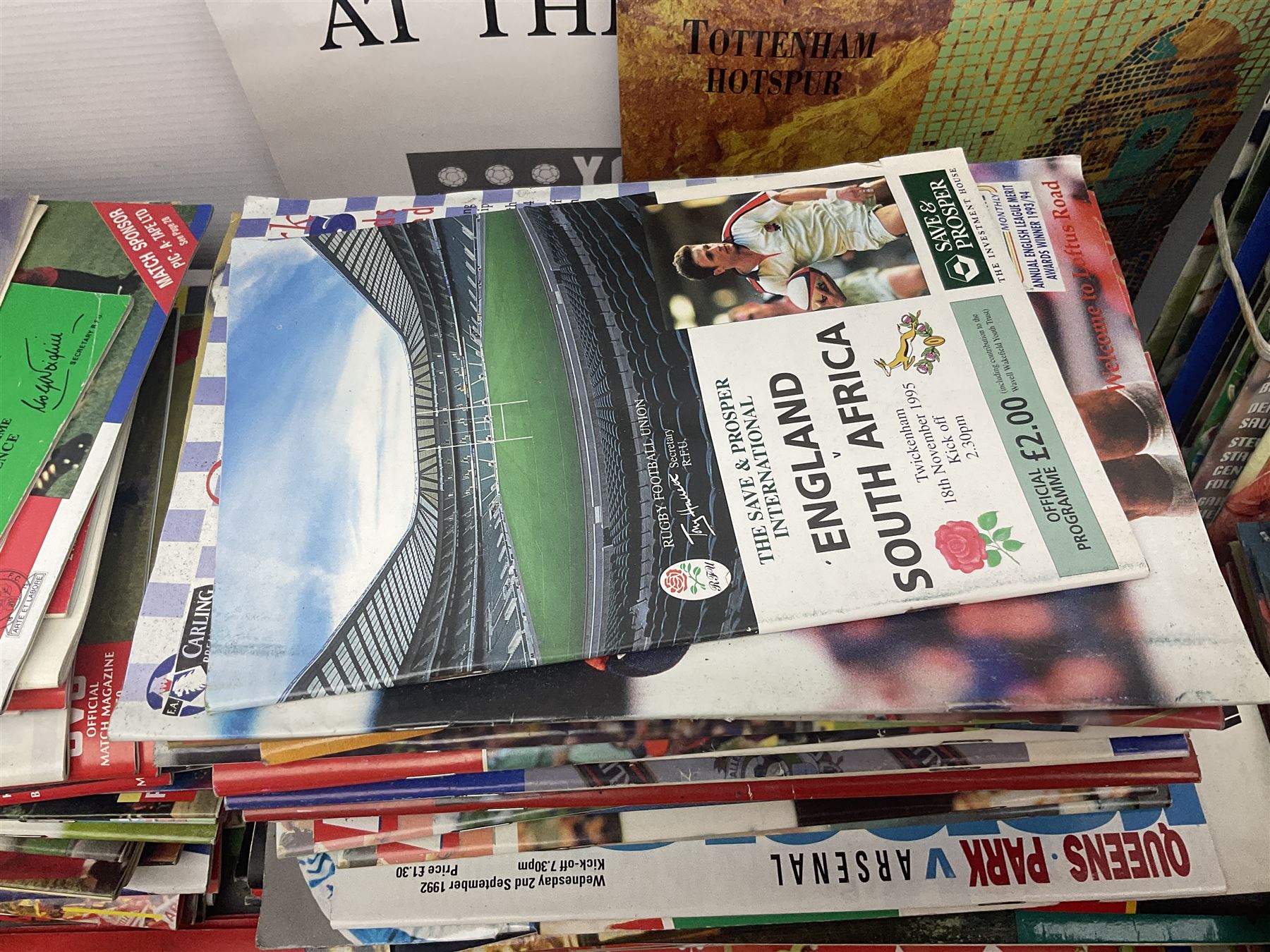 Quantity of mostly football programmes including Wimbledon vs Arsenal Saturday 5th September 1992, Arsenal FC vs Blackburn Rovers Saturday February 26th season 1993/94, Liverpool vs Arsenal Saturday 2nd October 1993, The F.A. Charity Shield Arsenal vs Manchester United 7th August 1993 etc