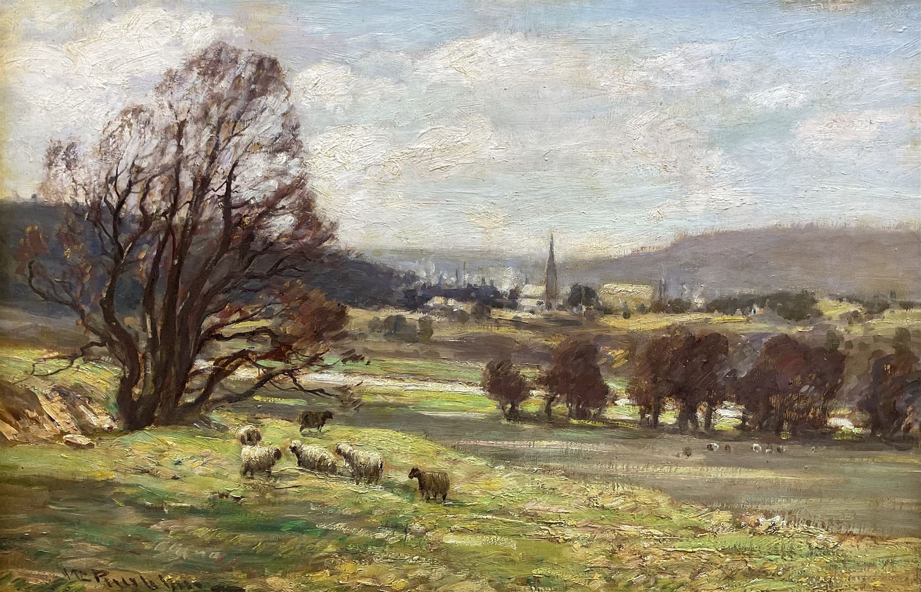 William Charles Rushton (British 1860-1921): Yorkshire Landscape with Sheep and Town in the Distance, oil on panel signed 48cm x 74cm