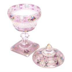 Victorian glass bon bon dish and cover, decorated with hand painted flowers and gilt detail, upon a knopped stem and square base, H22cm