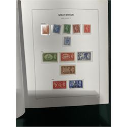 Extensive single album collection of Great British Queen Victoria and later stamps, including QV penny black with three margins, 1840 two pence blue, perf two pence blues with white lines added, QV one pound brown lilac, QV one pound green, King George V seahorses, 1929 Postal Union Congress one pound black, King George VI 1939-48 set of six with ten shillings dark blue, Queen Elizabeth II pre-decimal issues, housed in a Stanley Gibbons Great Britain 2001 album, a well presented collection with few ommissions