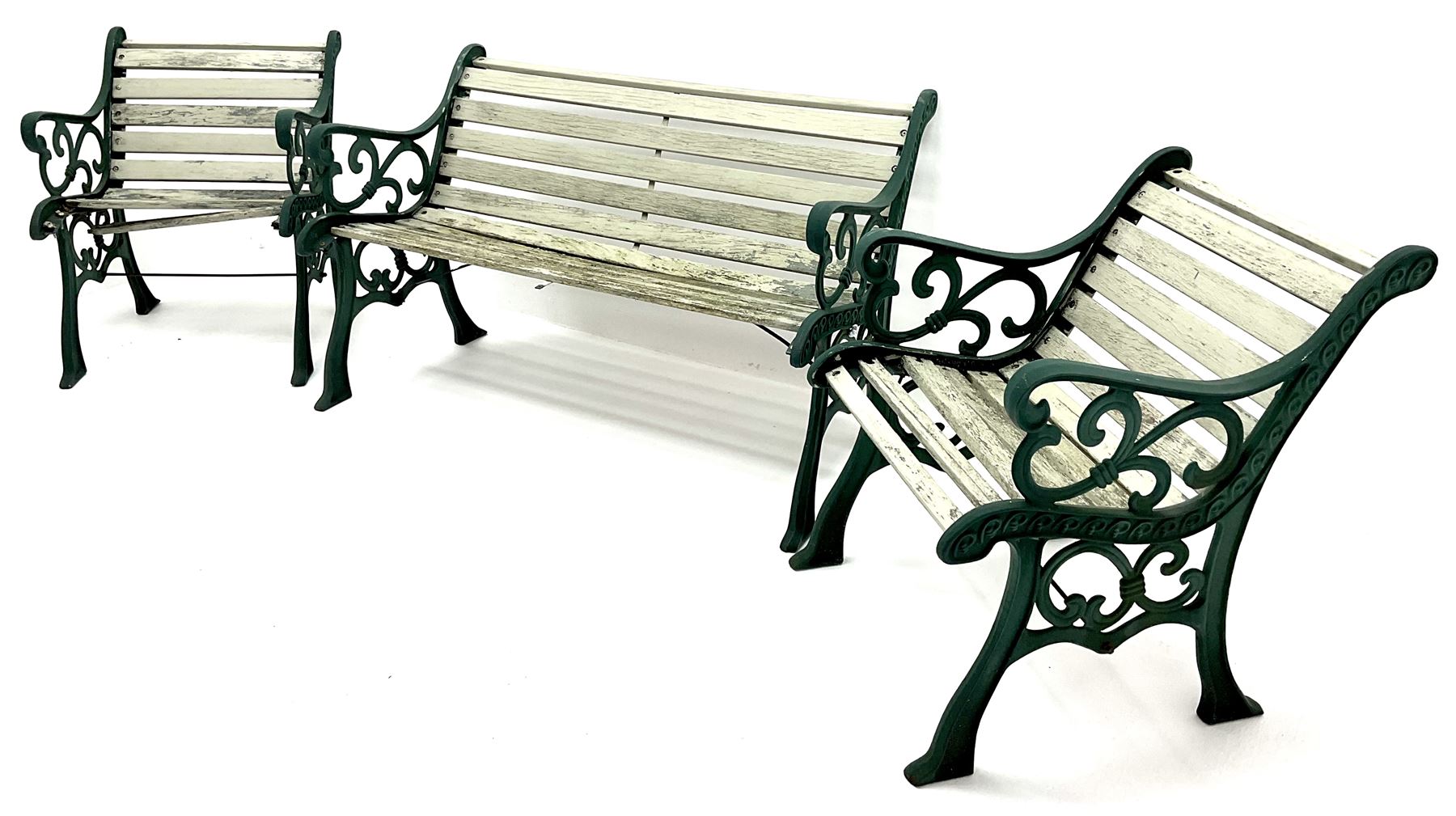 Cast iron garden bench, painted timber slats (W127cm) and pair of matching armchairs (W63cm)