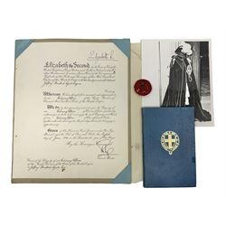 George VI Knight of the Garter cloth beret insignia with pin back and photograph of the Knight's Robes; Edmund Fellowes book on The Knights of the Garter 1348-1939; together with EIIR civilian OBE certificate to Jeffery Stanford Agate with facsimile signatures of Elizabeth II and Prince Philip