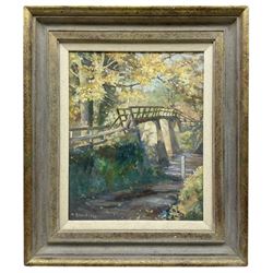 Michelle Saunders (British 1963-): The Footbridge at Grosmont near Whitby, oil on board signed 29cm x 23cm