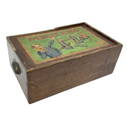 Meccano - wooden box with Set No.5 label to sliding lid, containing two lift-out trays and bottom layer of predominantly red and green sections, wheels, pulleys, rods, tyres etc, carrying handles to either end, L36cm D22.5cm H13.5cm