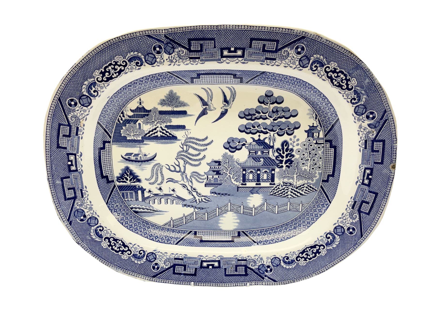 Victorian blue and white meat platter in willow pattern, L47.5