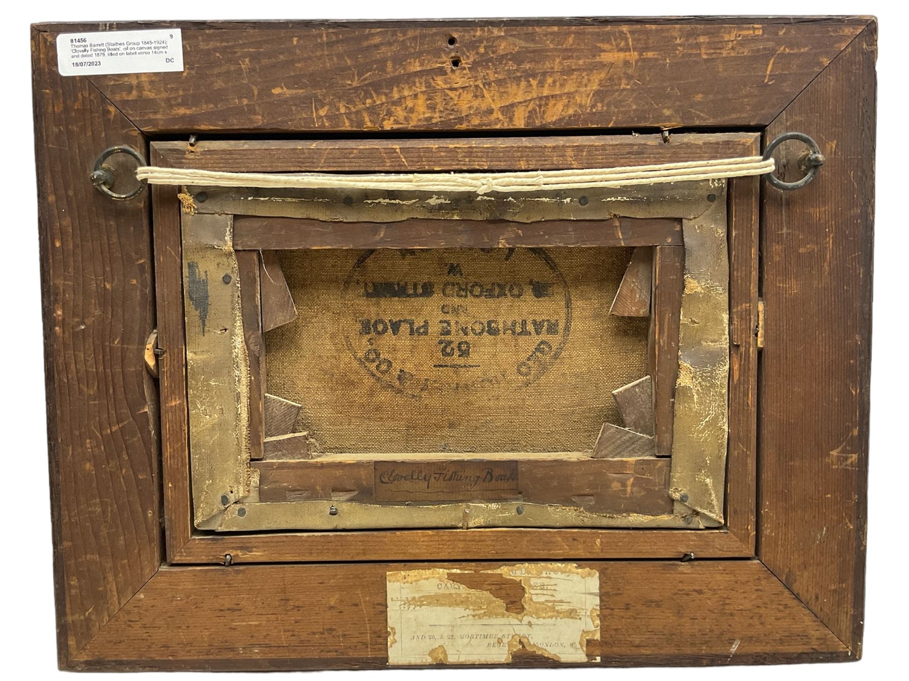 Thomas Barrett (Staithes Group 1845-1924): 'Clovelly Fishing Boats', oil on canvas signed and dated 1879, titled on label verso 14cm x 22cm