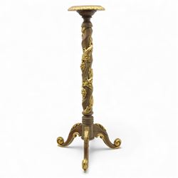 Late 20th century group of three decorative torcheres, comprising a putto-support stand (H 96cm, W 34cm), a gilt and painted columnar torchere on tripod base(H 112cm, W 48cm), and a gilt figural torchere with oval top (H 76cm, W 36cm)