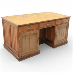 Large Victorian pine twin pedestal desk, fitted with drawers, and cupboards to opposing sides