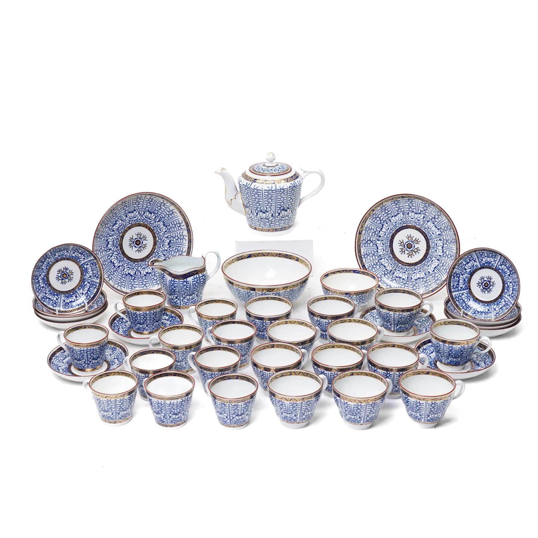 18th century Worcester 'Blue Lily' or 'Royal Lily' pattern tea and coffee service comprising twelve tea cups, twelve coffee cups, twelve saucers, tea pot, milk jug, sugar bowl, slop bowl and pair of plates, filled in crescent marks