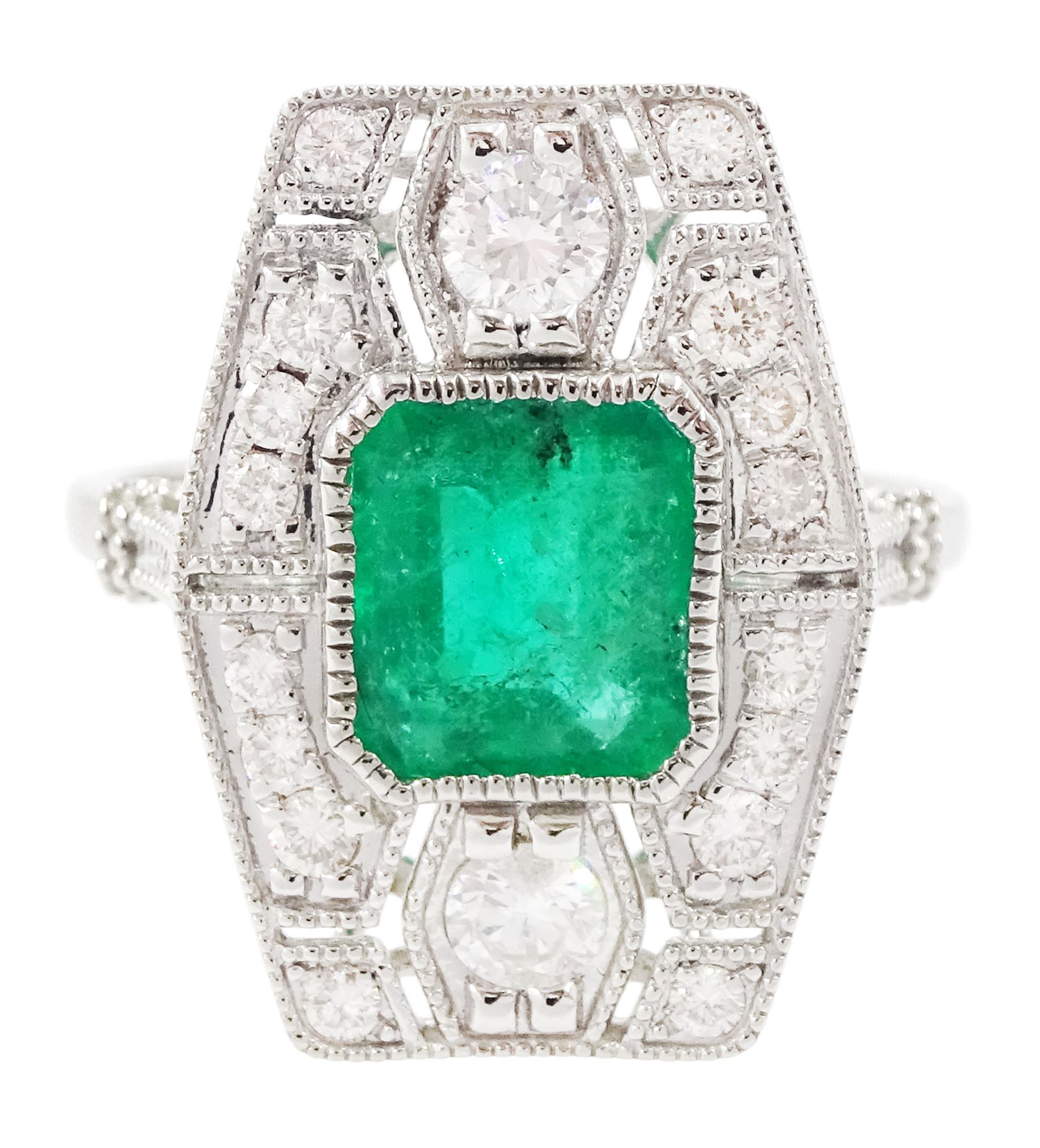 Platinum emerald and diamond dress ring, milgrain set with a single octagonal cut emerald of 1.26 carat, surrounded by round brilliant cut diamonds in an pierced design setting, stamped PT 950, total diamond weight 0.47 carat
