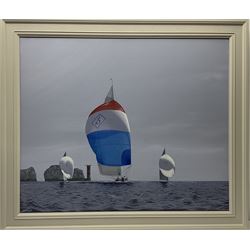 James Miller (British 1962-): J Class Yachts 'Ranger' 'Velsheda' & 'Rainbow' passing the Needles 2012, oil on canvas signed, titled verso 75cm x 90cm