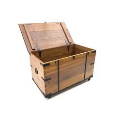 Camphor wood and metal bound blanket box, fitted with hinged lid and carrying handles