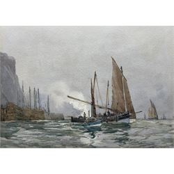 Albert George Strange (British c1855-1917): Fishing Boats outside Scarborough Harbour, watercolour signed 17cm x 24cm 
Notes: this is view prior to the start of the construction of the Marine Drive in 1897. Strange had taught at South Kensington and Liverpool Art Schools before being appointed Head of the newly founded Scarborough Art School in 1882, an appointment he held until 1916. An outstanding teacher, among his many pupils was Frank Henry Mason.