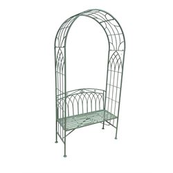 Washed green finish metal garden arbour bench, strap seat, arch trellis top with scrolling and arch decoration