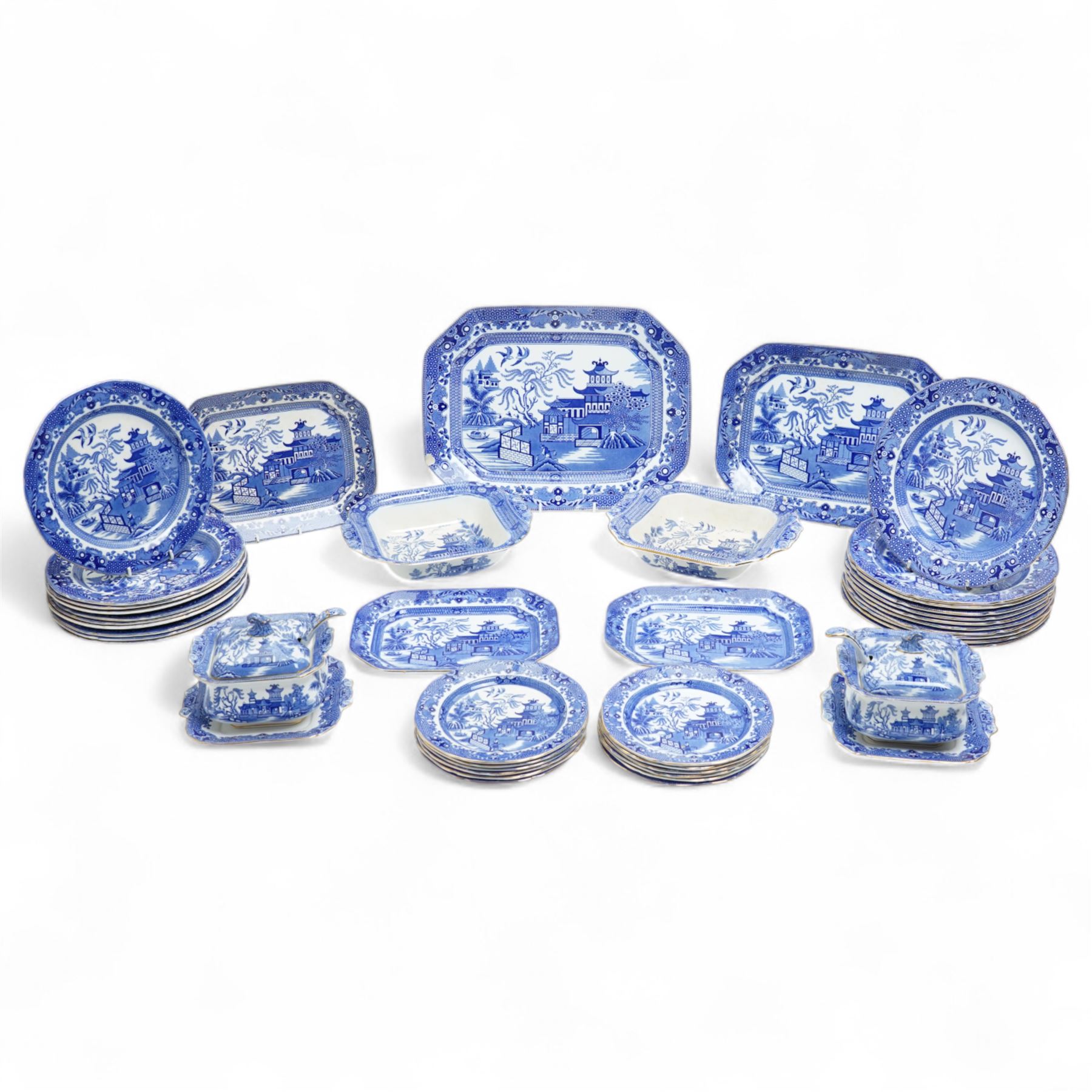 Large collection of Burleigh Ware blue and white Willow pattern dinnerware, comprising twenty one dinner plates, twelve side plates, four platters of graduating size, two tureens with saucers, and two vegetable dishes