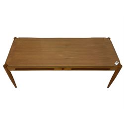 Pleasing Furniture by Pye-Franklin - Mid-20th century rectangular teak coffee table with glass top (W99cm, D38cm, H37cm), a 1970s teak single chair with upholstered seat in striped fabric, and a 1970s teak circular coffee table with inset glass top 