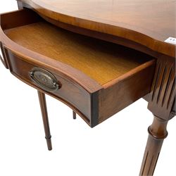 Regency design mahogany serpentine console table, fitted with single drawer disguised as two with cockbeaded facia, raised on fluted tapering supports