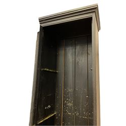 19th century black lacquered pine narrow cabinet, single glazed door