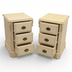 Contemporary French design white painted bedroom suite retailed by Barkers of Northallerton, comprising wide chest fitted with four short and four long drawers with oval brass handles (H 70cm, W 159cm, D 46cm), pair of bedside chests each fitted with three drawers (H 62cm, W 40cm, D 46cm), dressing table fitted with four short drawers and central kneehole with shaped apron (H 79cm, W 131cm, D 46cm) with matching framed wall mounted mirror (H 100cm, W 113cm), and full length standing mirror (H 175cm, W 73cm)