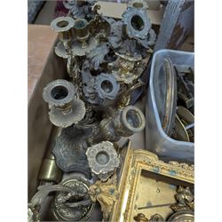 Collection of leather carriage clock cases, brass mantle clocks and parts, brass candlesticks etc, in two boxes