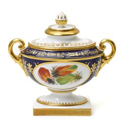 Pair of Royal Worcester Heritage Collection two handled urns and covers painted with opposing oval panels of feathers by David Peplow on pedestal bases W16cm 