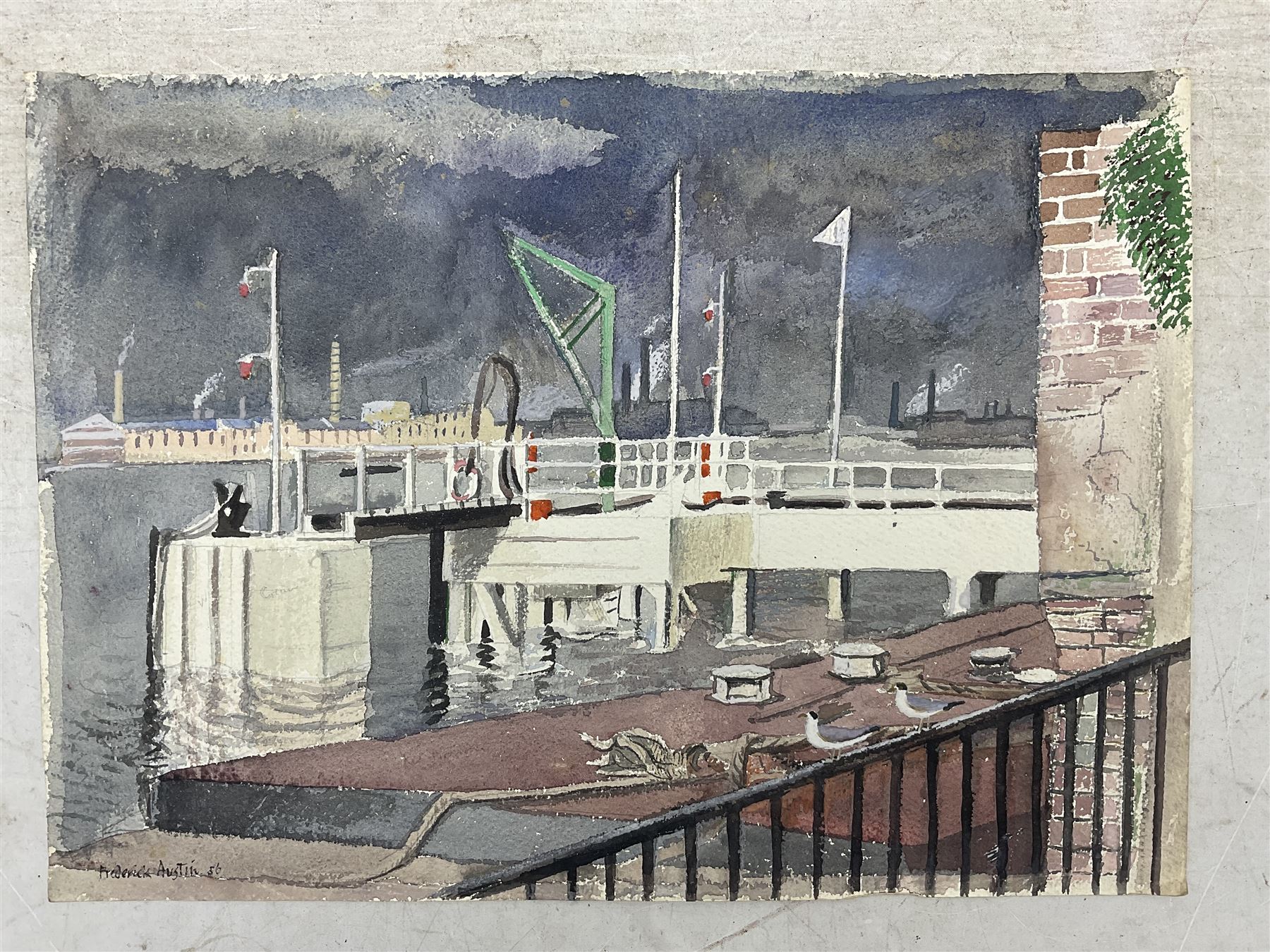 Frederick George Austin (British 1902-1990): 'Oil Wharf - Wandsworth', watercolour signed and dated '56, titled verso 28.5cm x 39.5cm (unframed)
Provenance: direct from the granddaughter of the artist