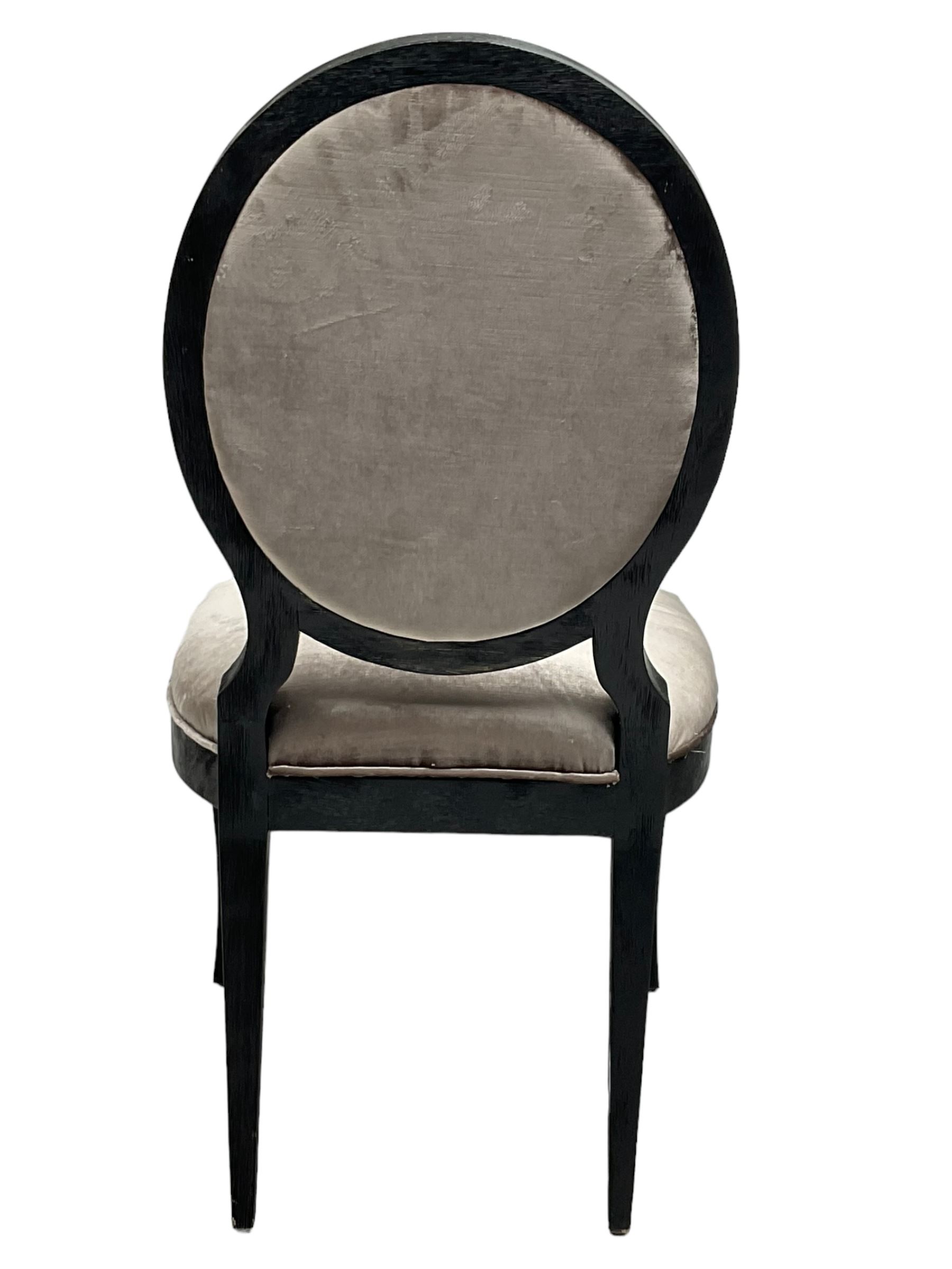 India Jane Interiors - Pair of French design cameo back dining chairs, upholstered in silver velvet fabric ebonised frame, on square tapering supports with splayed feet - ex-display/bankruptcy stock 