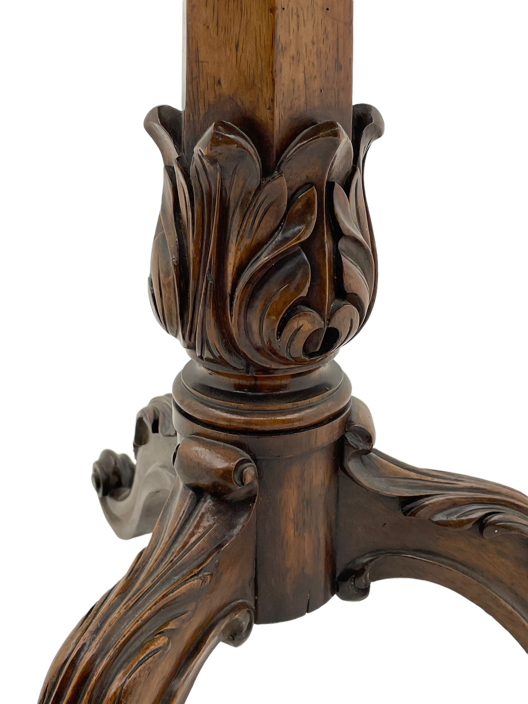 Early Victorian rosewood tripod pedestal table, circular moulded top hand painted with flowers and birds on slate, on tapered hexagonal column with carved acanthus leaf baluster, three splayed supports carved with foliage and scrolling terminals 