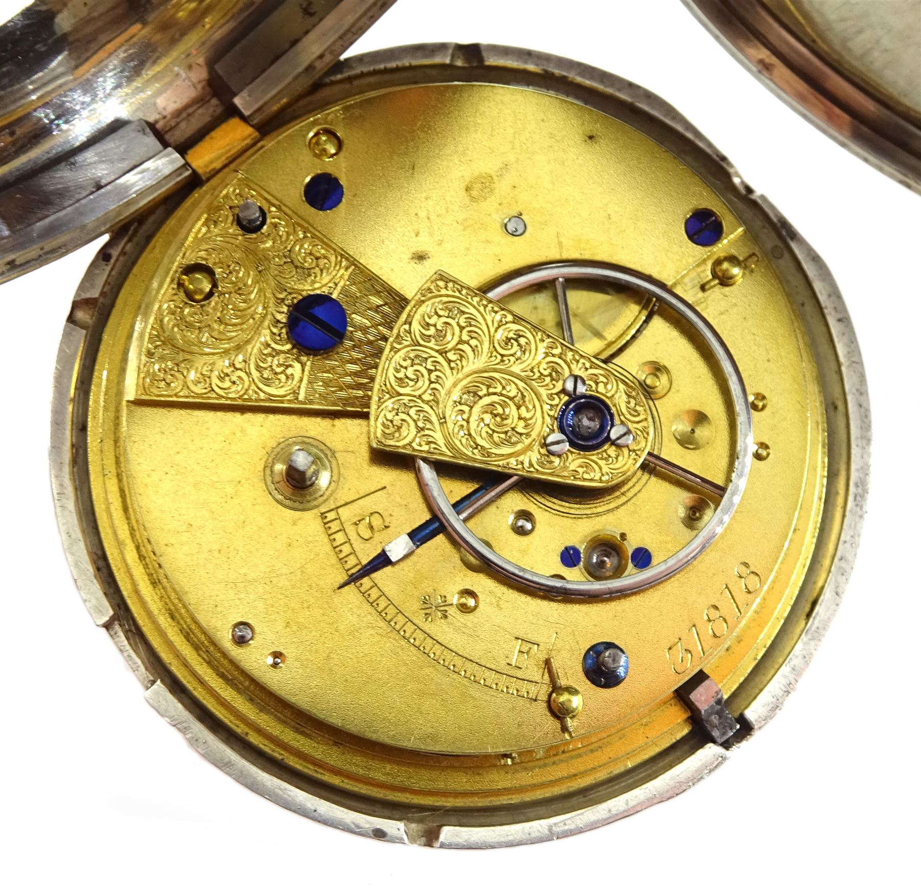 Victorian silver full hunter English lever fusee pocket watch, No. 31818, engraved balance cock with diamond endstone, white enamel dial with Roman numerals and subsidiary seconds dial, Fleur de Lys hands, engraved case by Henry Buckland, London 1868