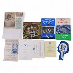 1961 Football Association Challenge Cup Final Leicester City vs. Tottenham Hotspur ephemera, including match programme, three ticket stubs, newspaper clippings,, programme of arrangements, invitations addressed to Mr & Mrs C Appleton to dinners in honour of the cup final, rosette, Sheffield United vs Leicester City 1961 Challenge Cup semi-final programme, highlights record and Success City Wembley 1961 publication