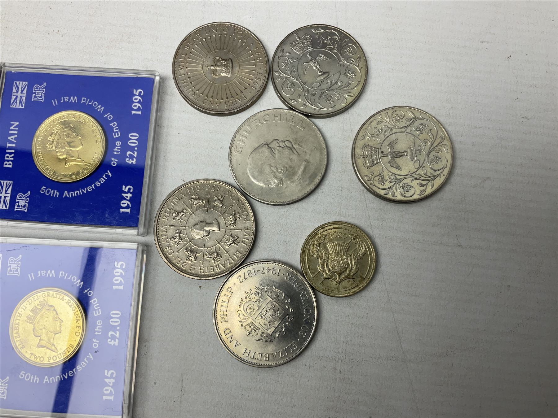 South Africa 1895 2 1/2 shillings, various Queen Elizabeth II five pound and two pound coins, pre euro coinage, pre decimal coinage etc
