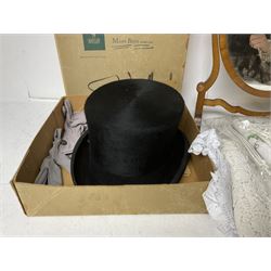 1960s Moss Bros black top hat, together with a wooden swing dressing table mirror and a collection of embroidered and other linen 