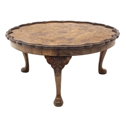 Early 20th century walnut coffee table, quarter veneered top with moulded pie crust edge carved with mulitple shell motifs, on acanthus carved cabriole supports, D77cm, H37cm