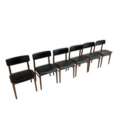 S Chrobat for Sax Mobler - set six mid-20th century Danish teak dining chairs, seat and back rail upholstered in black leatherette, raised on tapering supports