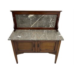 Edwardian inlaid mahogany washstand, raised grey and white marble back and top, fitted with double cupboard, square tapering supports