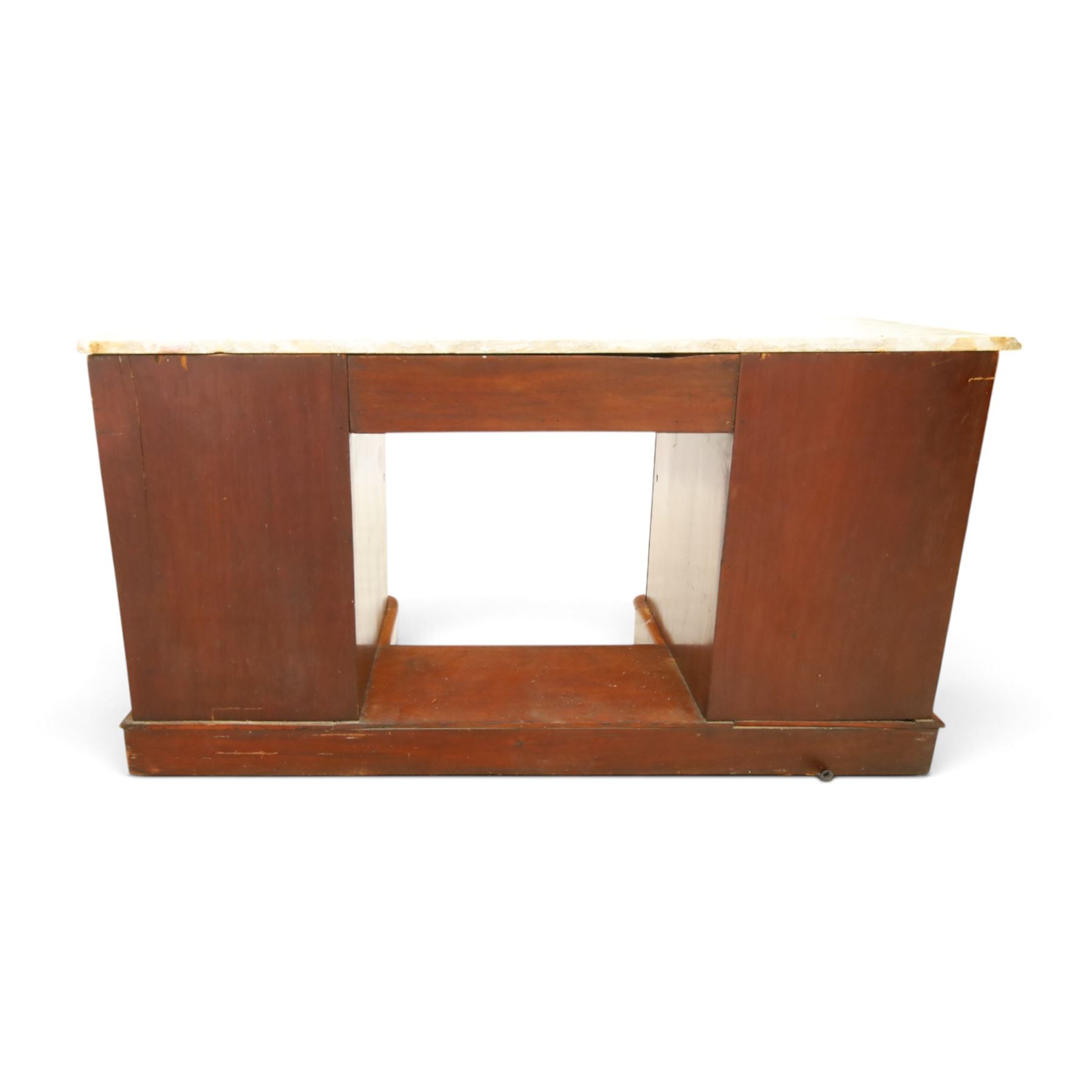 Victorian mahogany pedestal dressing table, shaped white marble top over central frieze drawer, flanked by two pedestal cupboards with four dummy drawer fronts and ornate brass handles, recessed kneehole with platform base, on plinth supports