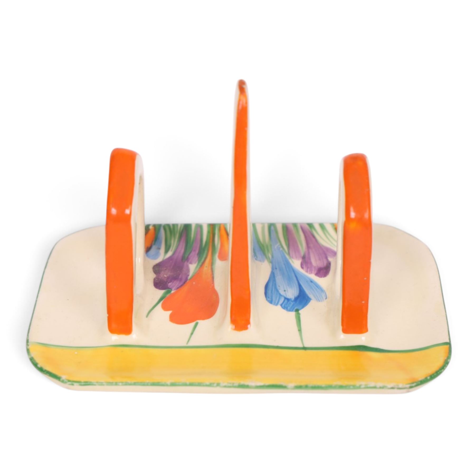 Clarice Cliff Autumn Crocus pattern toast rack, with Bizarre and printed marks to base, H9cm, L12cm