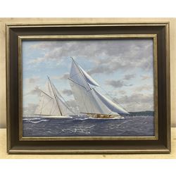 George Drury (British 1950-): 'White Heather II Leads Lulworth - 1927 Season', oil on board signed, titled verso 28cm x 38cm 