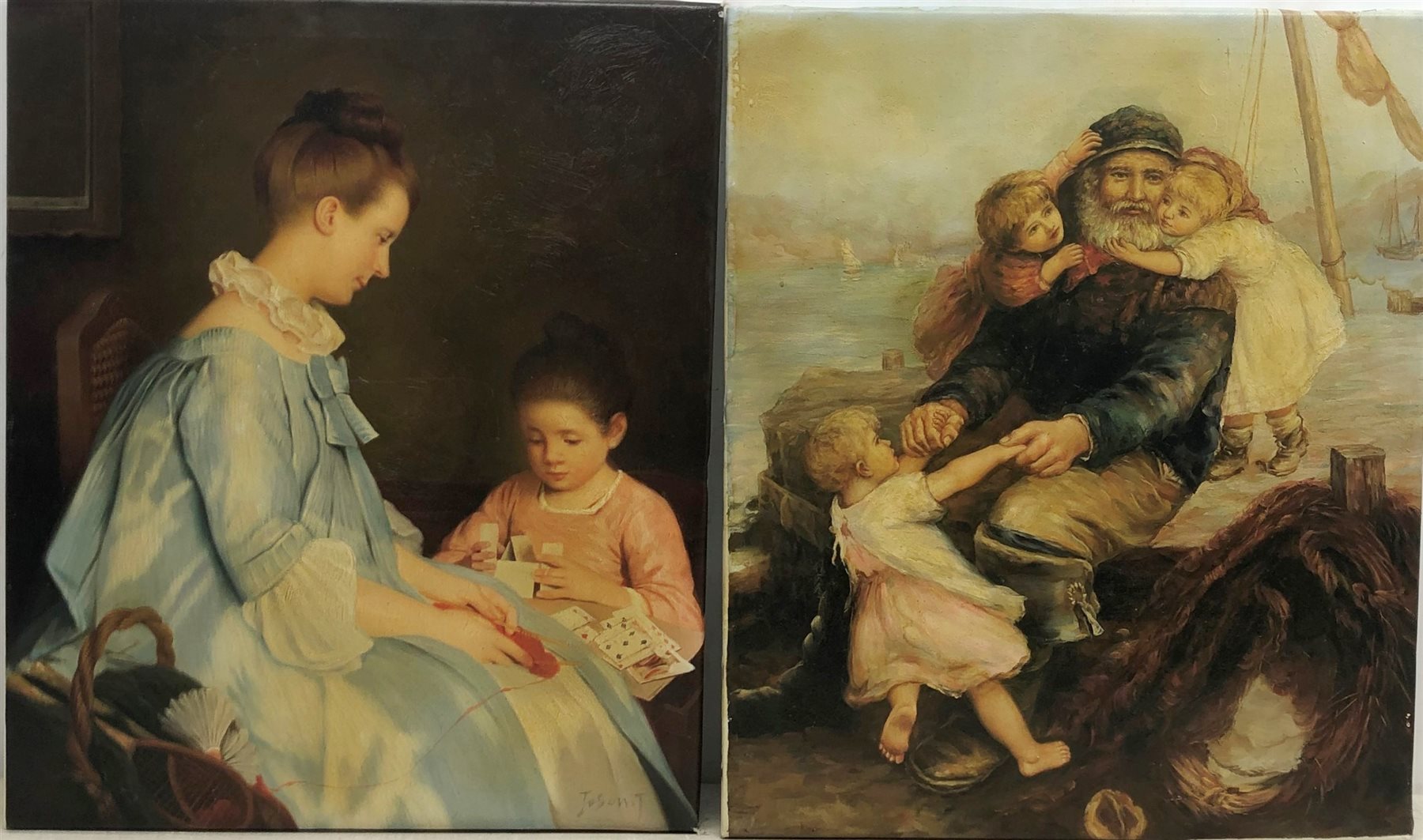 English School (20th century): Fishermen and his Children, oil on canvas unsigned 60cm x 51cm and another textured print of card players after Chaplin (unframed) (2)