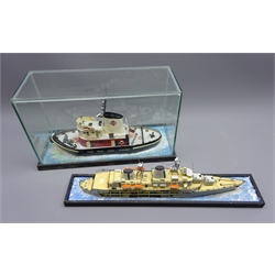  Kit built waterline scale model of the Tug Lady Cecilia, in perspex case, L47.5cm H27cm, D20cm, and a similar cut-away model of a Destroyer D200, L57.5cm, not cased (2)  