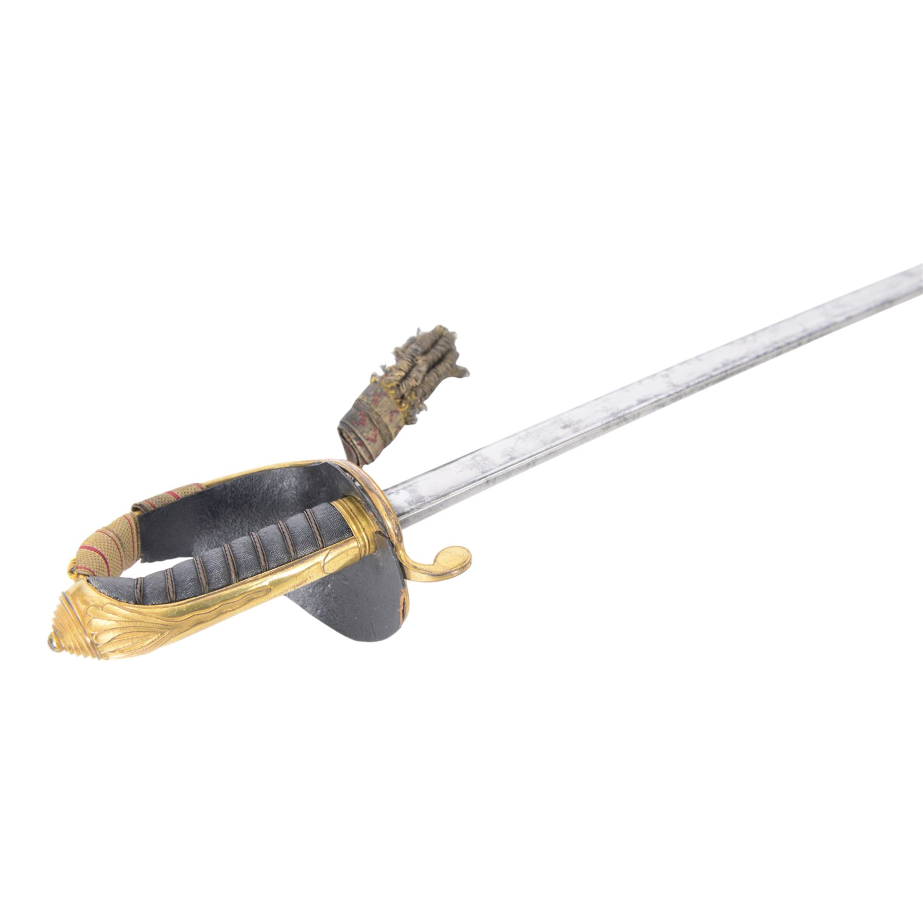 British William IV 1822 pattern Infantry General sword, retailed by John Salter cutler to Horatio Nelson and Prince Augustus Fredrick, Duke of Sussex, the 73cm curved pipe backed blade etched to both sides, with the royal monogram and the owners coat of arms and initials 'GD, brass gothic guard with original gilding, the cartouche of the crossed baton depicting the crossed baton and sword of a general, shagreen covered grip and triple wire binding, the guard complete with leather lining and gilt sword knot, in leather scabbard with three gilt brass mounts, the top mount bearing the cutlers name and address, with twin suspension rings, overall L89cm  